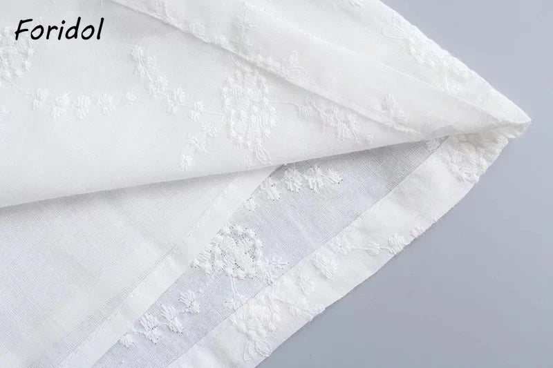 Foridol White Lace Summer Dress for Women Flower Embriodery Cotton Mini Dress Puff Sleeve Lace Up Ruffles Short Beach Dress