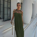 Summer Sleeveless Party Dress, Women Loungewear O-Neck Hollow Out Party Dress, Solid Color Patchwork Beach Style Ladies Dress