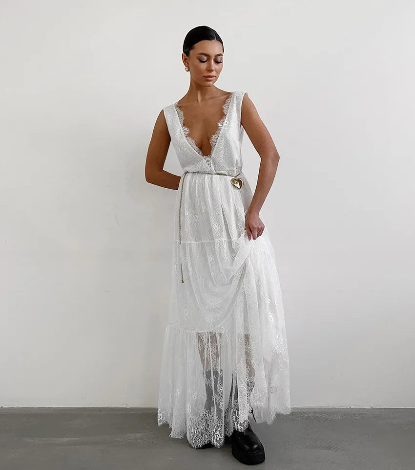 Sexy Deep V-neck Sleeveless Lace Dress Streetwear Women 2026 Backless Tunics A-line Party Dresses Long Maxi Robe Black White