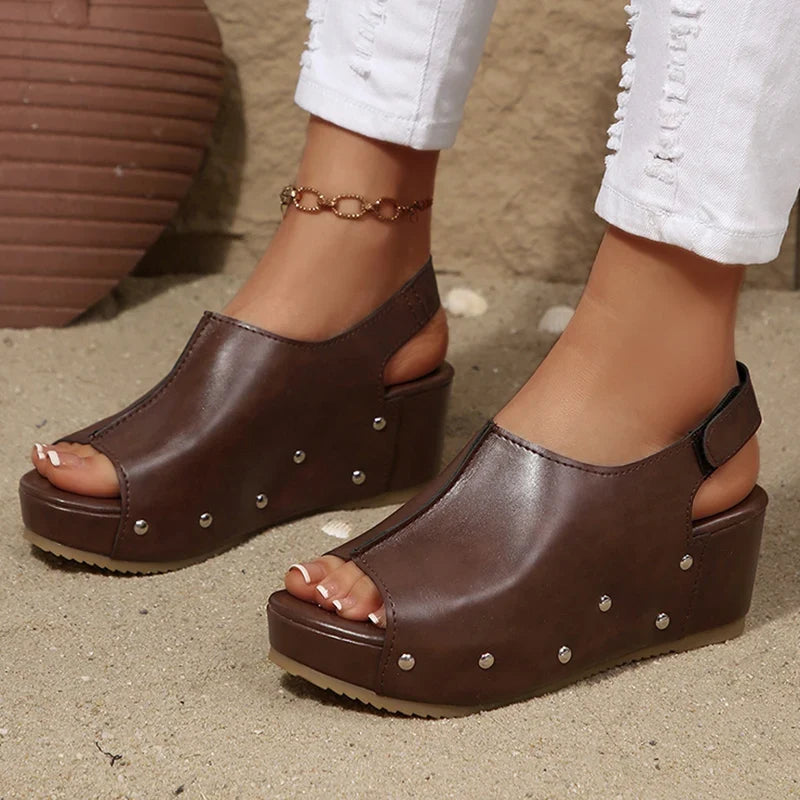 Black Pu Leather Wedge Heel Sandals Women Rivets Back Strap Platform Sandles Woman Plus Size 43 Thick Sole Rome Sandalias Mujer