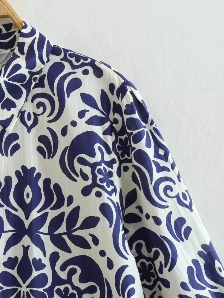 Foridol Blue Flower Print Vintage Casual Shirt Dress Women 2025 Single Breasted Loose Boho Maxi Long Vestidos Dresses Fashion