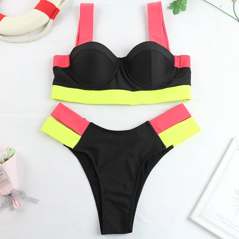 Sexy Bikini Women Swimwear Swimsuit Push Up Leopard Block Color Patchwork Double Bandages High Waist Bikinis Set Bathing Suit