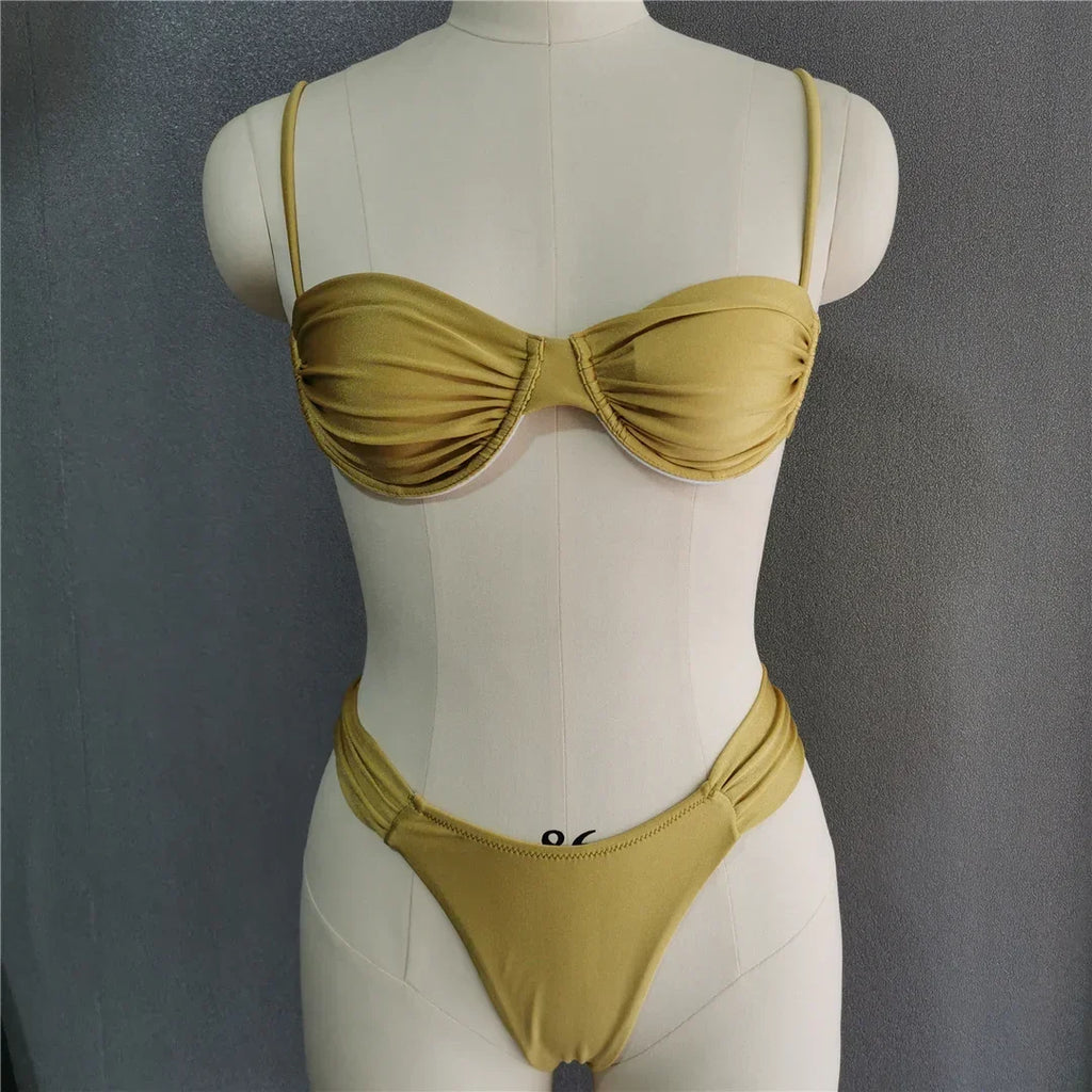 Sexy Wrinkled Underwired Brazilian Bikini Female Swimsuit Women Swimwear Two-pieces Bikini Set Triangle Bathing Suit Swim Lady