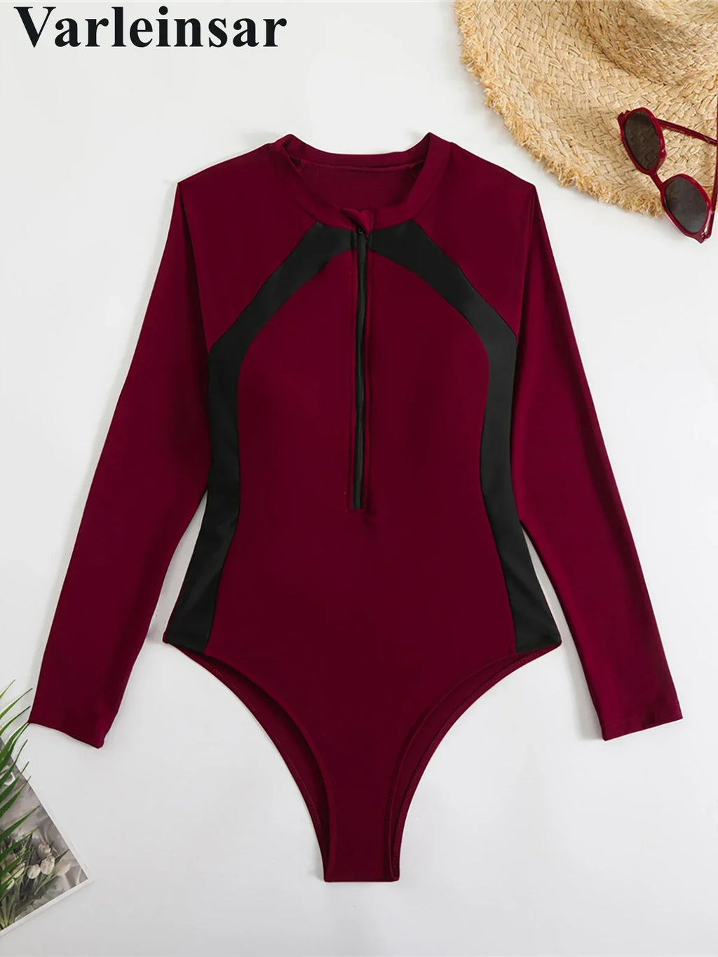 Sexy High Cut Printed Long Sleeve Zipper Surf Rash Guard One Piece Swimsuit Women Swimwear Female Bather Bathing Suit Swim V6285
