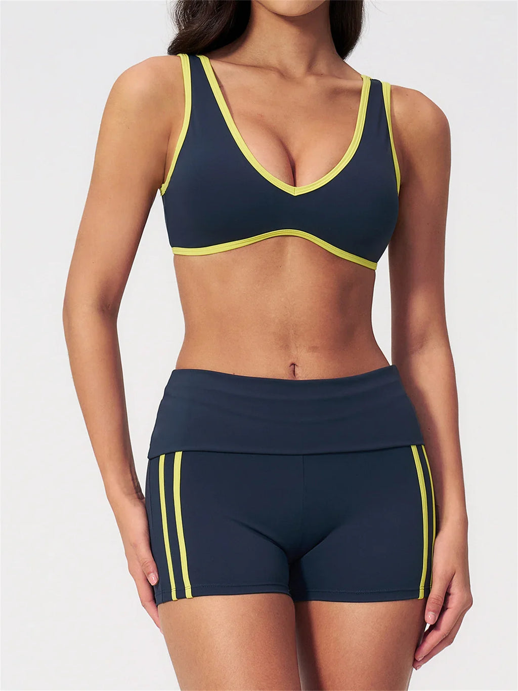 Tight Color Contrast Yoga Suit 2 Pieces Women V Neck Sports Bra Pleate High Waist Shorts Gym Running Fitness Suits Tracksuit