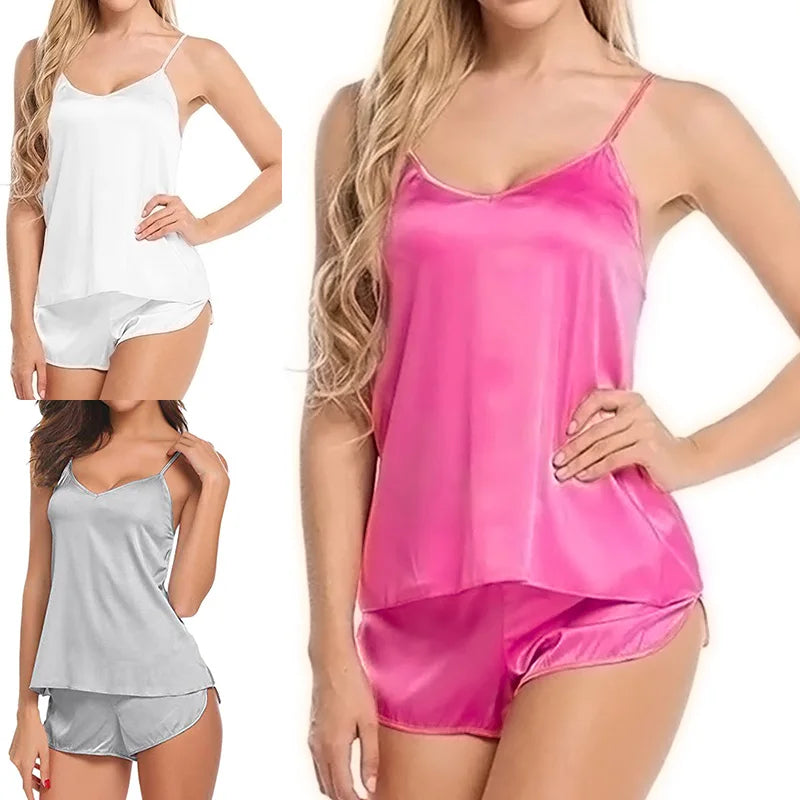 Women Satin Pajama Shorts Sets Mujer Strap Sleeveless Sexy Sleepwear Suit 2PCS  V-Neck Cami Top Short Lingerie Female Nightwear