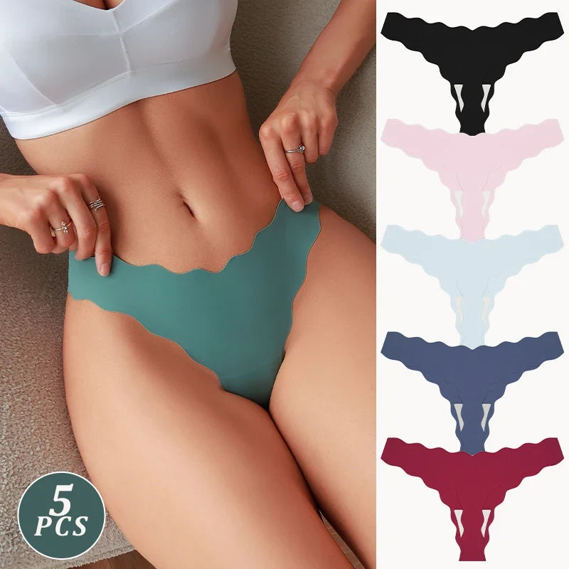 5Pcs Seamless Full-Body Fan-Shaped Wave Decorative Briefs Sexy Thongs Comfortable Breathable Stretch Underwear Women's Lingerie