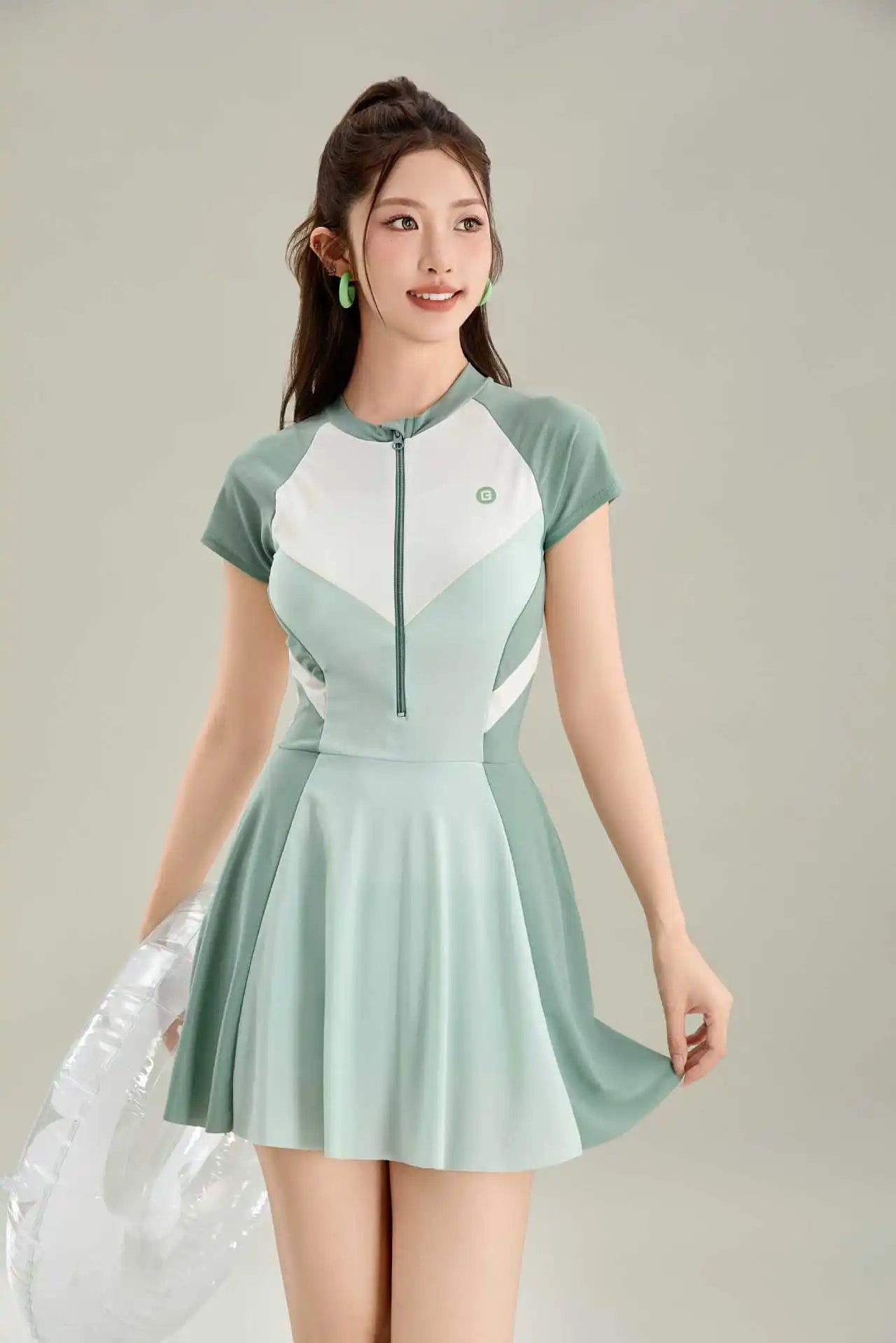 New Sports One-piece Fashionable Swimsuit for Women, Color Blocked High Waist, Belly Covering, Slimming Skirt, Vacation Swimsuit