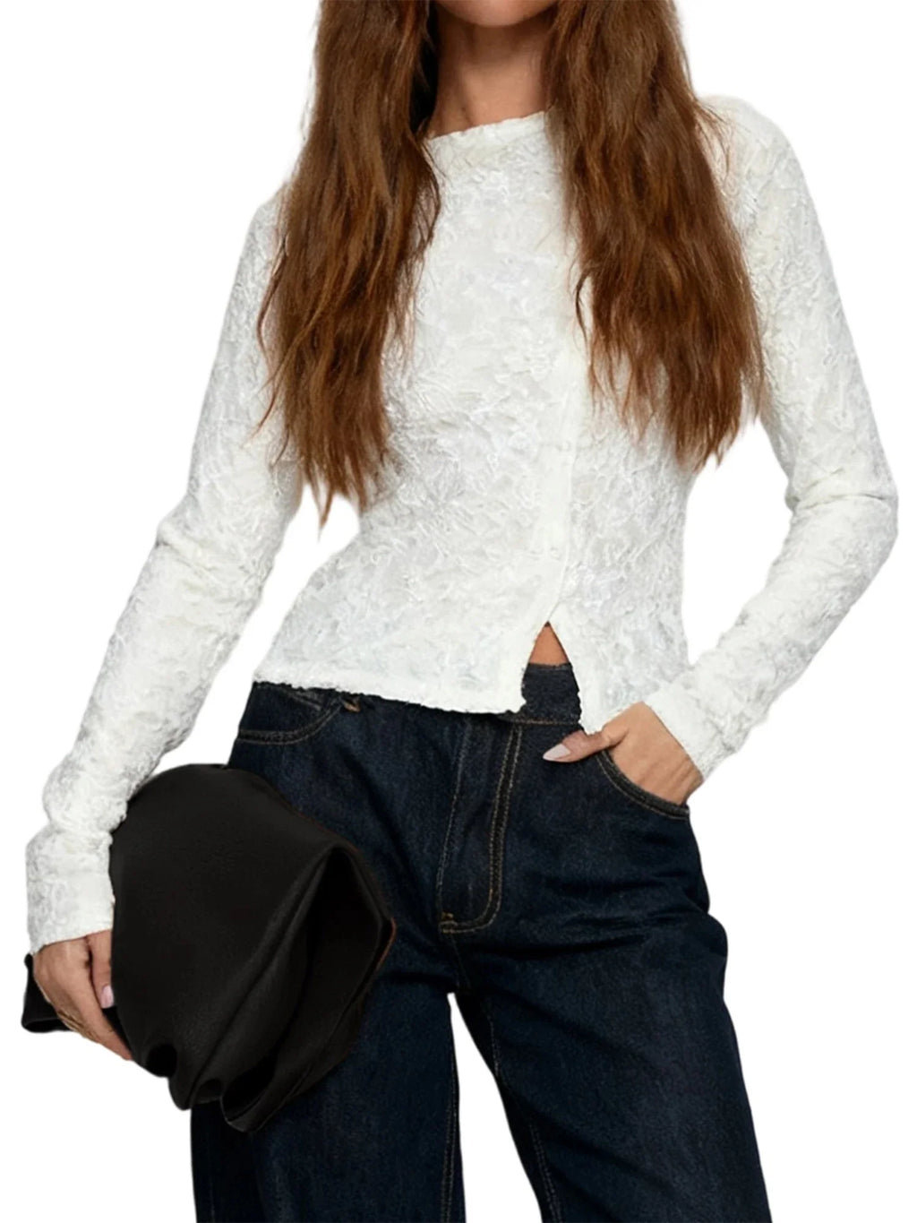 Women Long Sleeve Round Neck Spring Fall Lace Tops Slim Fit Solid Color Oblique Button Up T-shirts