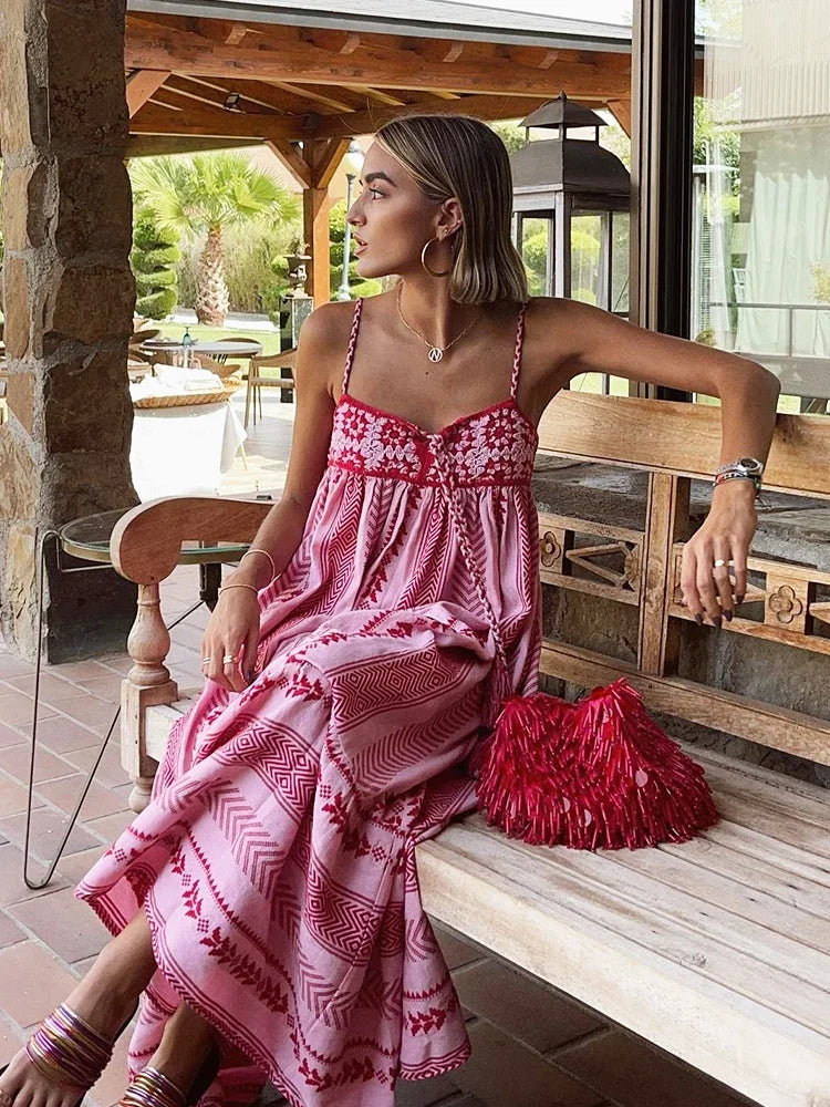 Foridol Crochet Bohemian Summer Dress for Women Spaghetti Strap Red Vintage Tassel Beach Dress Maxi Long Casual Sundress Autumn