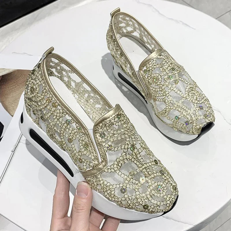 Spring Autumn Luxury Crystal Sneakers Women Breathable Mesh Sports Shoes for Woman Retro Low Top Platform Vulcanize Shoes Lady