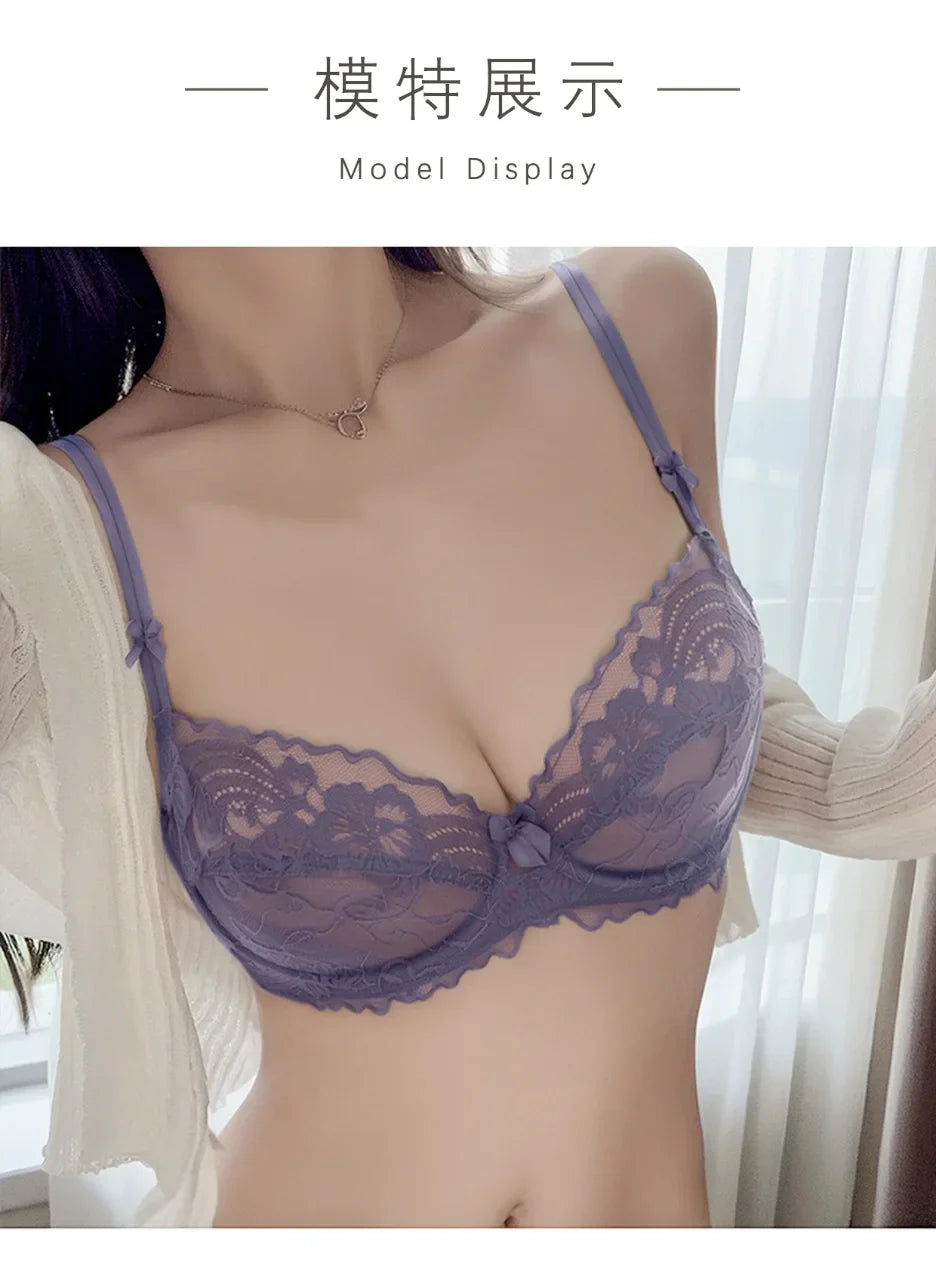 Ultra Thin Lingerie Set, French Lace Underwire Bra for Large Boobs Push Up & Gather, Sexy Pure Design, Breathable Comfort MOYISU