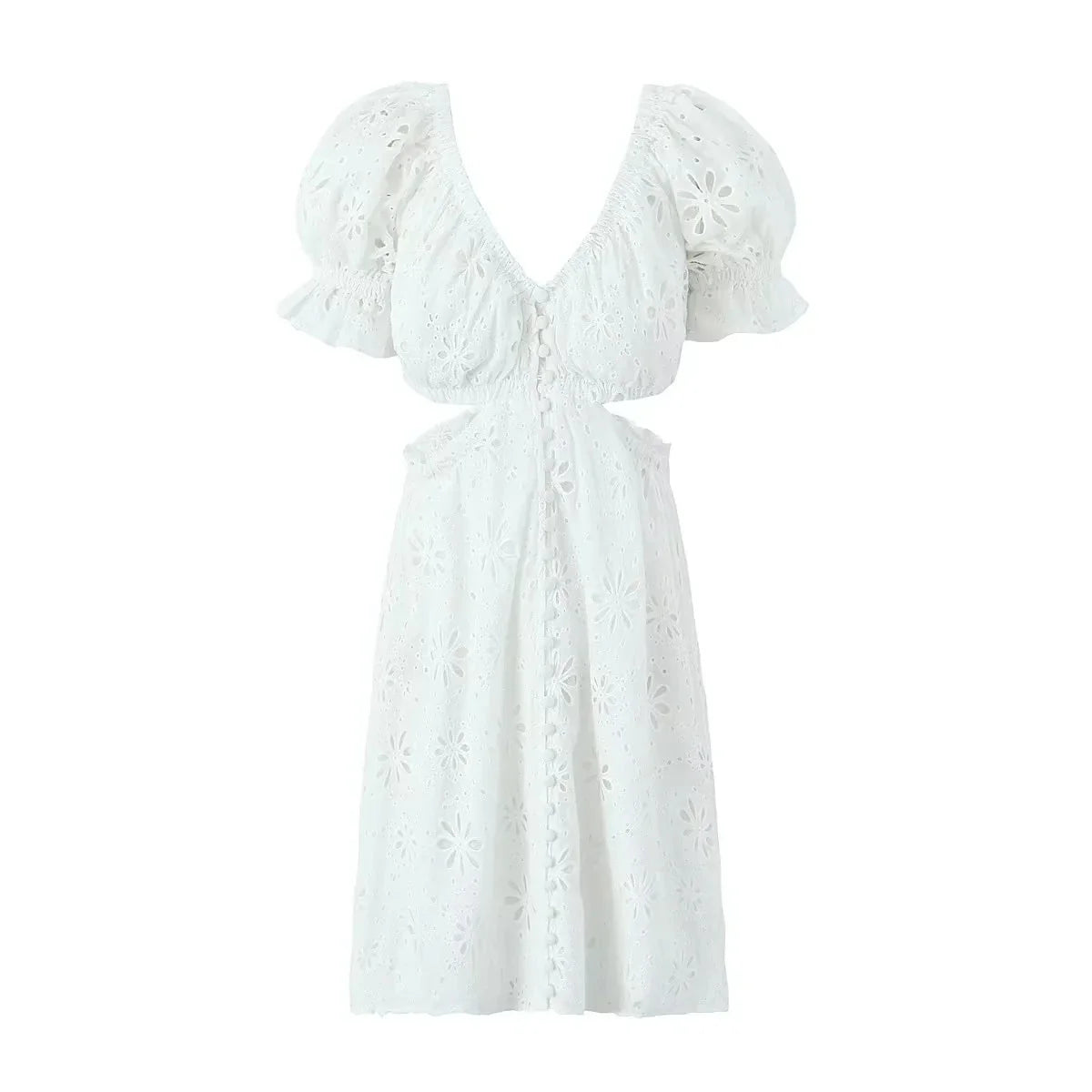 Foridol White Lace Cotton Dress V Neck Off Shoulder Sexy Beach Short Dress Summer Women Buttons Cut Out Mini Beach Sundress 2025