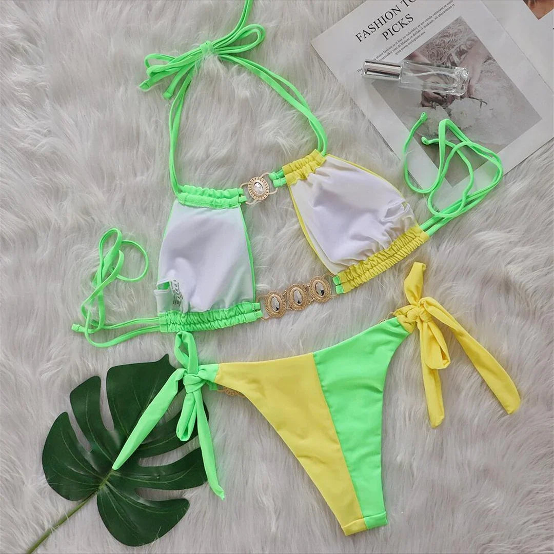 8 Colors Diamond Rhinestones Splicing Bikini Women Swimwear Female Swimsuit Two-Pieces Bikini Set Bather Bathing Suit Swim V5132