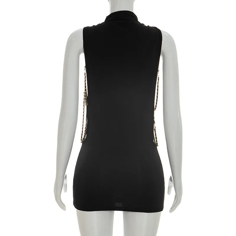 FDYOUI Women 2026 Summer Sleeveless Hollow Out Slim Mini Dress Sexy Package Hip Short Party Night Club Dresses Black Streetwear