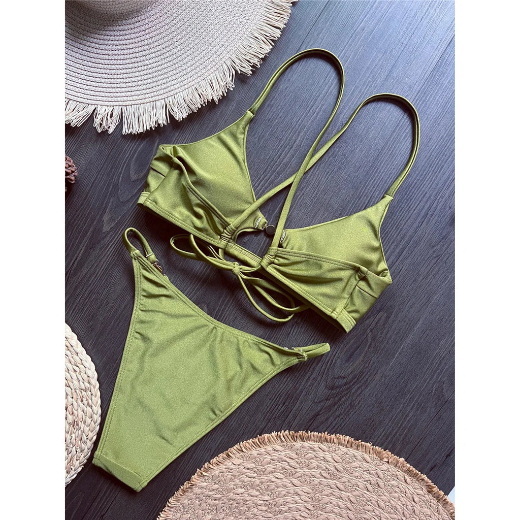 7 Colors New Cross Back Bikini Female Swimsuit Women Swimwear Two-pieces Bikini set High Leg Cut Bather Bathing Suit Swim V8252