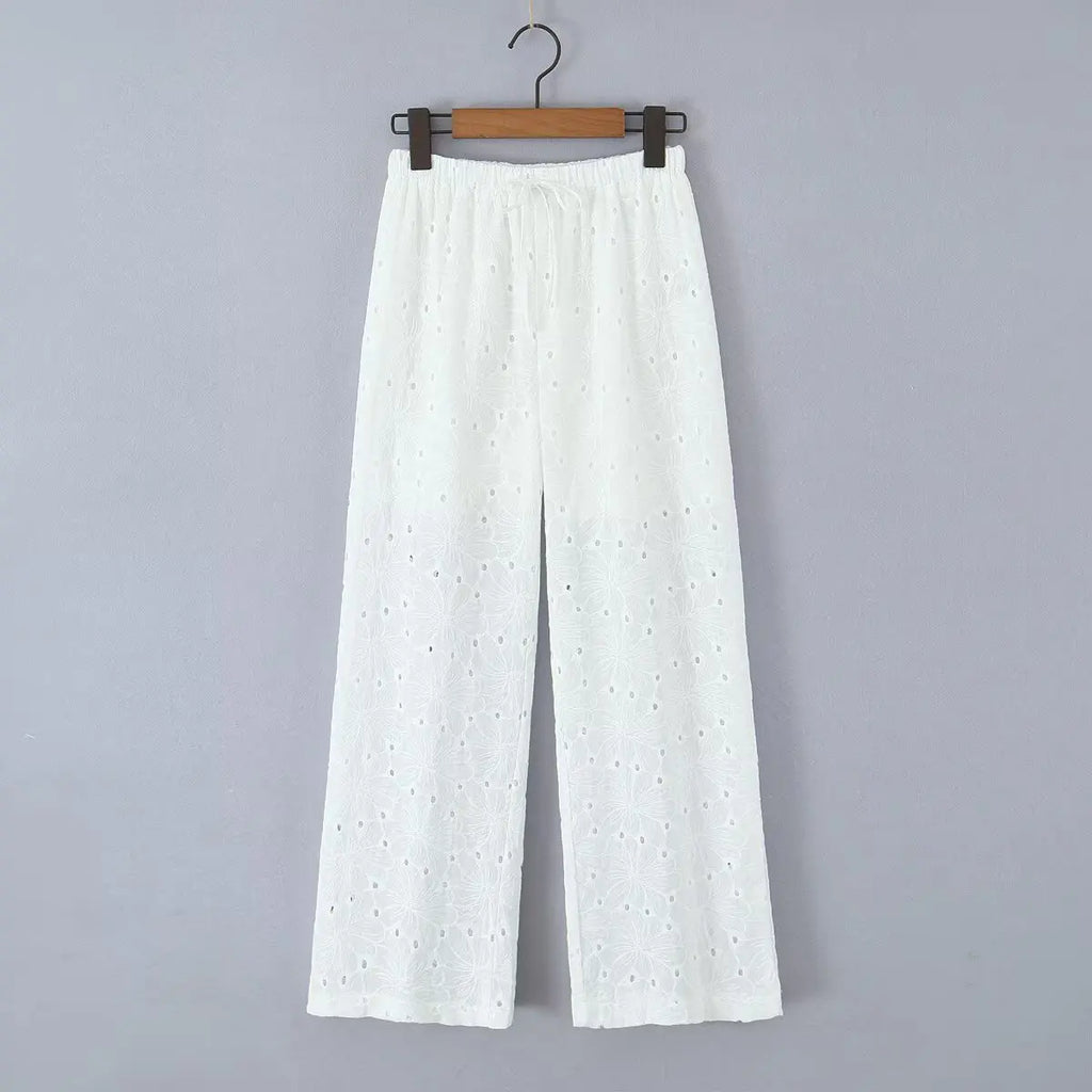 Foridol Hollow Out Cotton Women's 2 Pieces Set White Summer Pants Set Embroidery Top Pants Suit Matching Set Beach Casual Pants