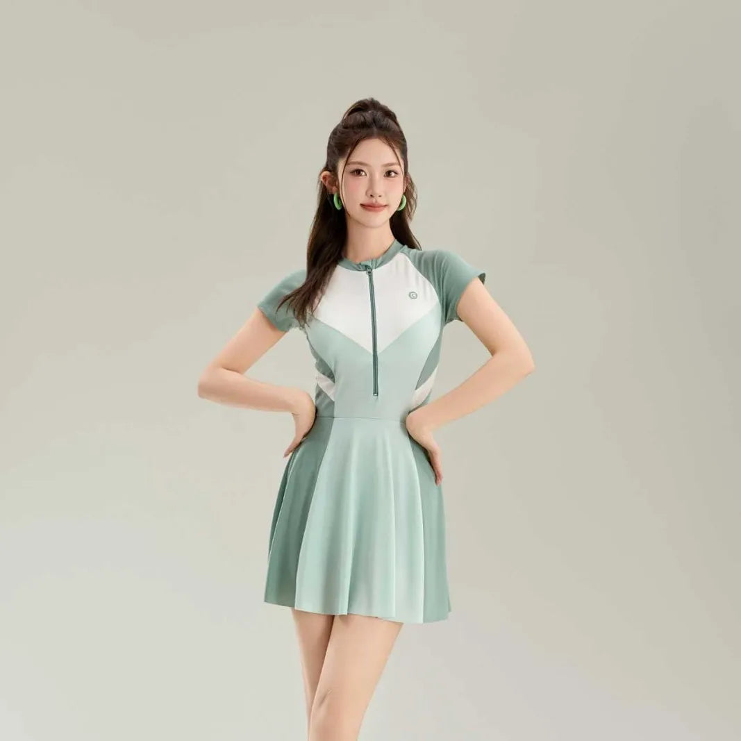 New Sports One-piece Fashionable Swimsuit for Women, Color Blocked High Waist, Belly Covering, Slimming Skirt, Vacation Swimsuit