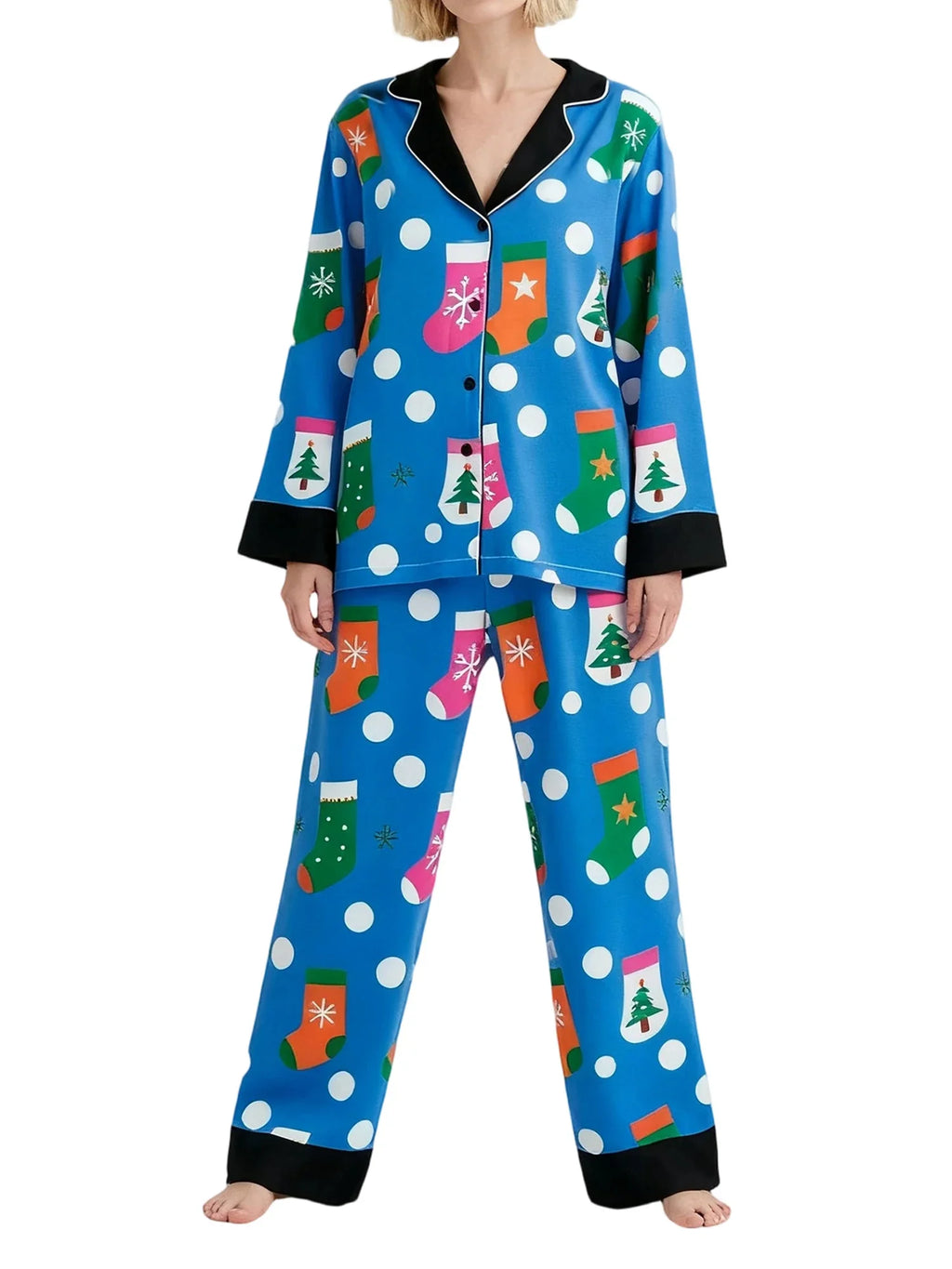 Women's Christmas Pajamas Set Long Sleeve V Neck Stocking Tree Print Tops and Pants Lounge Wear Two Pieces Suits