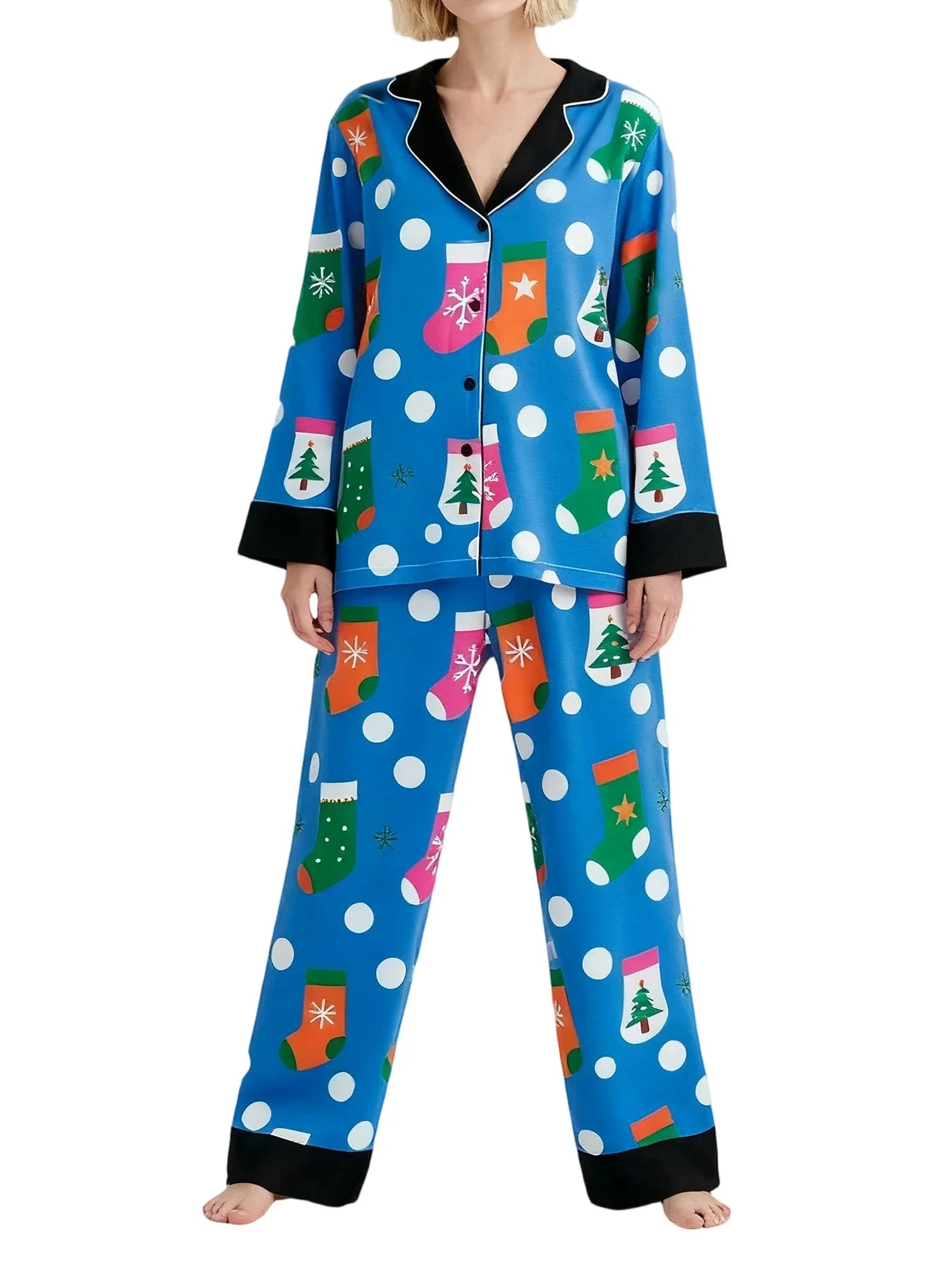 Women's Christmas Pajamas Set Long Sleeve V Neck Stocking Tree Print Tops and Pants Lounge Wear Two Pieces Suits
