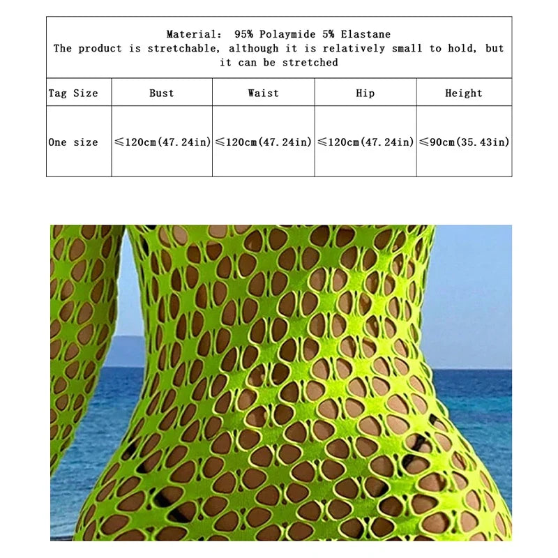 Women Sheer Mesh Long Sleeve Beach Cover Up, Sexy See-Through Fishnet Dress, Solid Bodycon  For Summer Beach Party