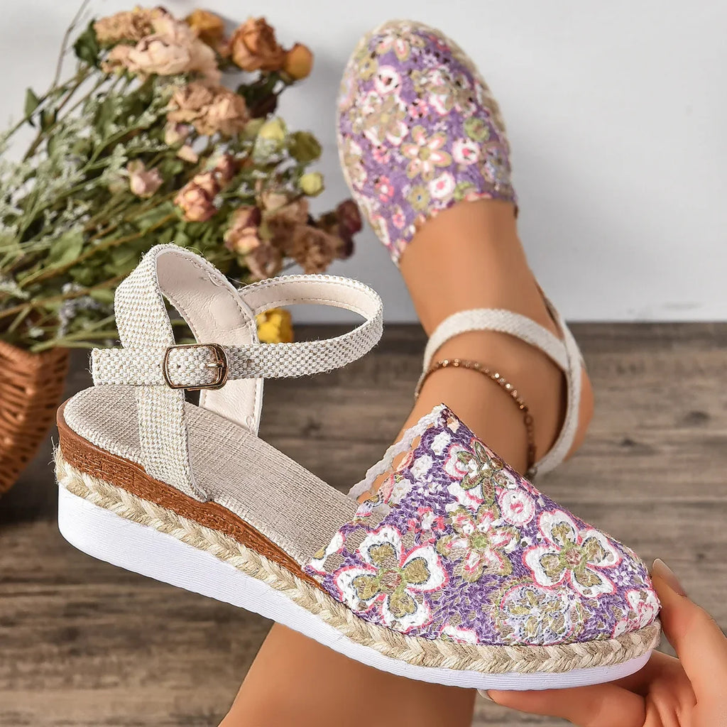 Hollow Fabric Roman Shoes Summer Travel Round Head Wedge Toe Fashion Sandals Comfortable Thick-sole Women's Shoes 2026