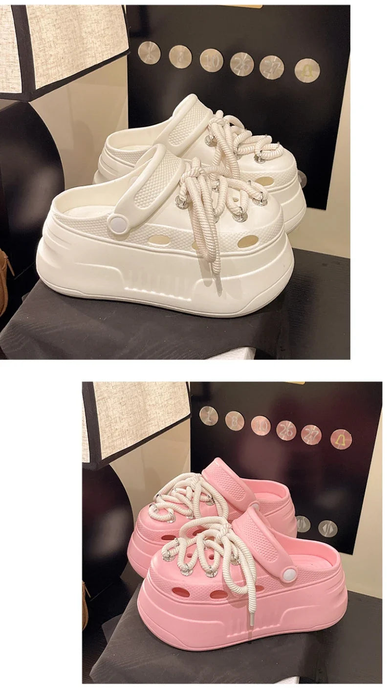 2025 Women Platform Slippers DIY Lace-up Leisure Clogs Summer Garden Shoes Thick Sole Female Home Beach Slides Street Sandals