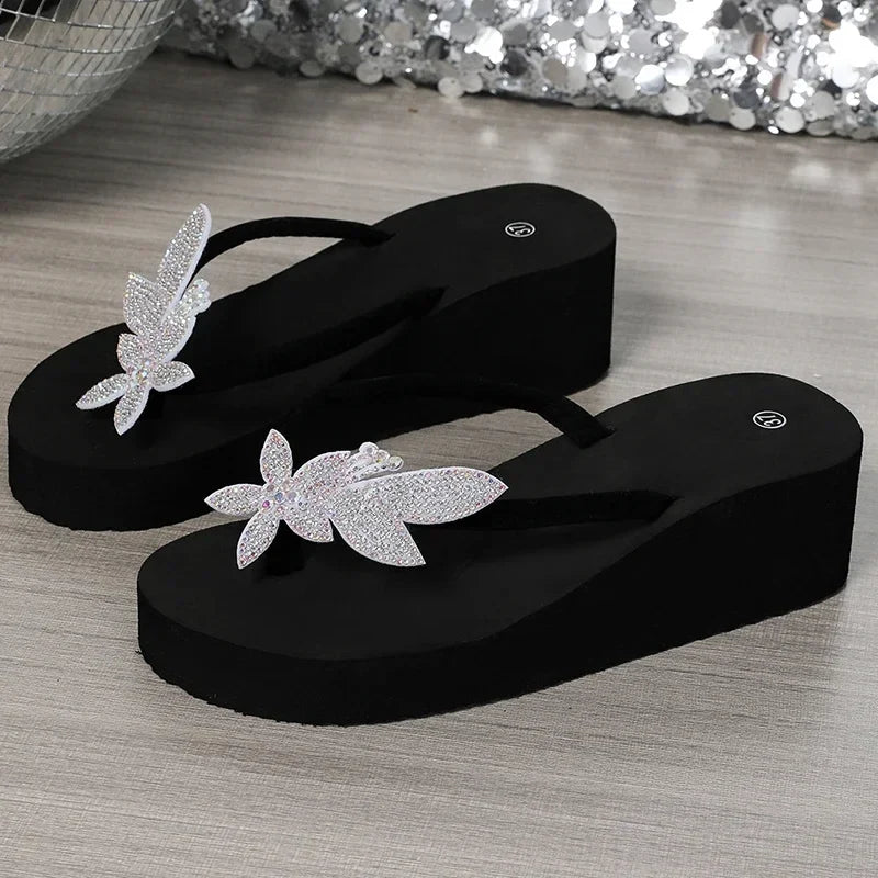 Shiny Sequins Decor Wedge Flip Flops for Women Luxury Open Toe High Heel Sandal Woman 2025 Vacation Beach Non Slip Slides Female