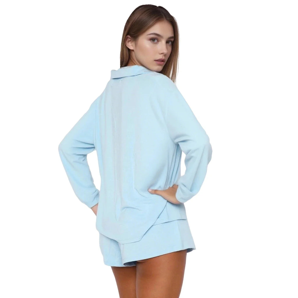 Women Fall 2 Piece Pajamas Set Solid Color Button up Long Sleeves Shirt and Elastic Shorts for Loungewear Soft Sleepwear