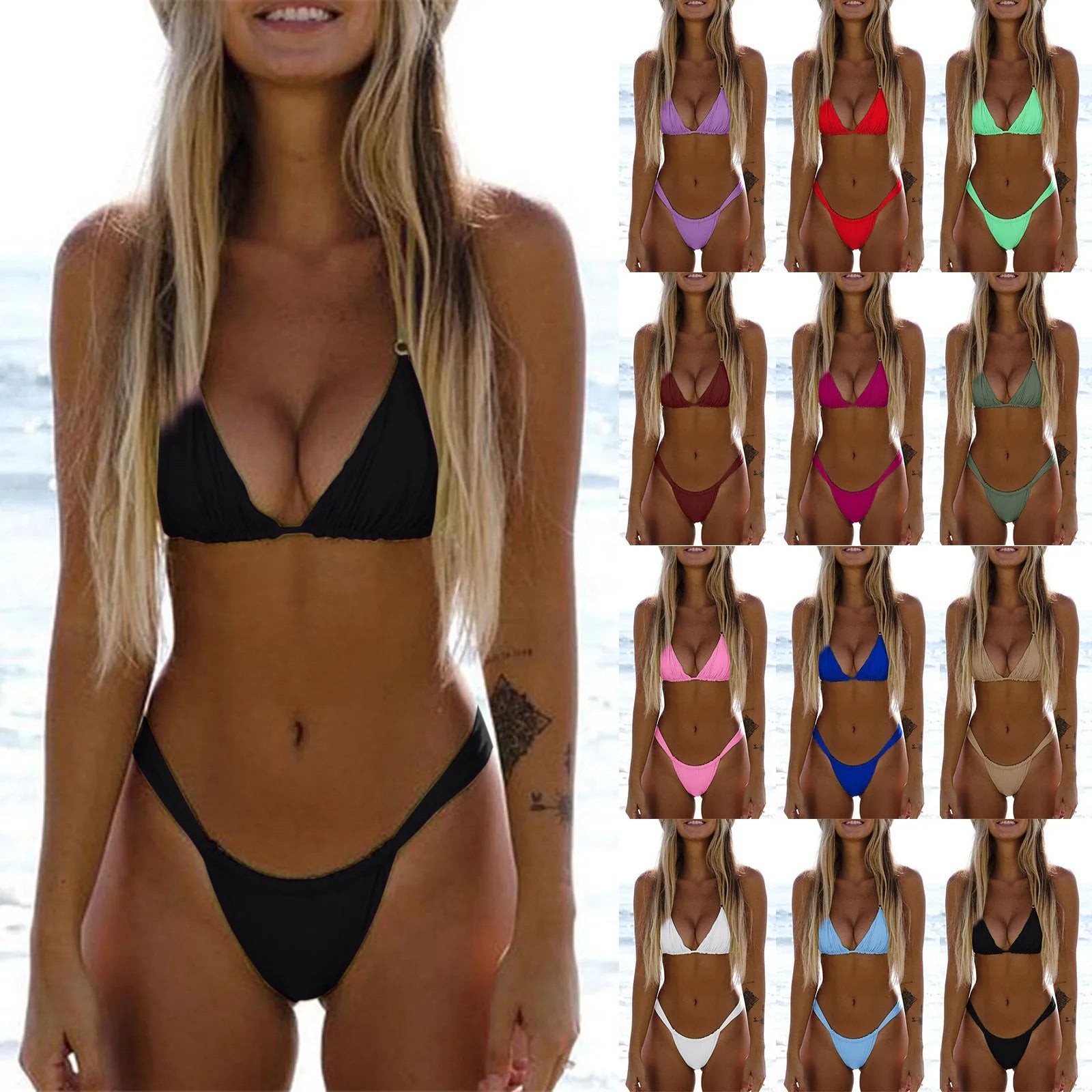 Sexy Bikini Set Two Piece Swimsuit Bikini Set Push Up Bra Solid Thong Women Swimwear Beachwear Bathing Suit Traje De BañO 2024