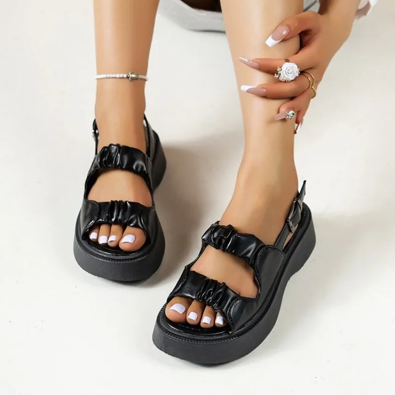 2026 Summer Open Toe Breathable Flat Bottom Comfortable Casual Women's Shoes Solid Color Buckle Fashion