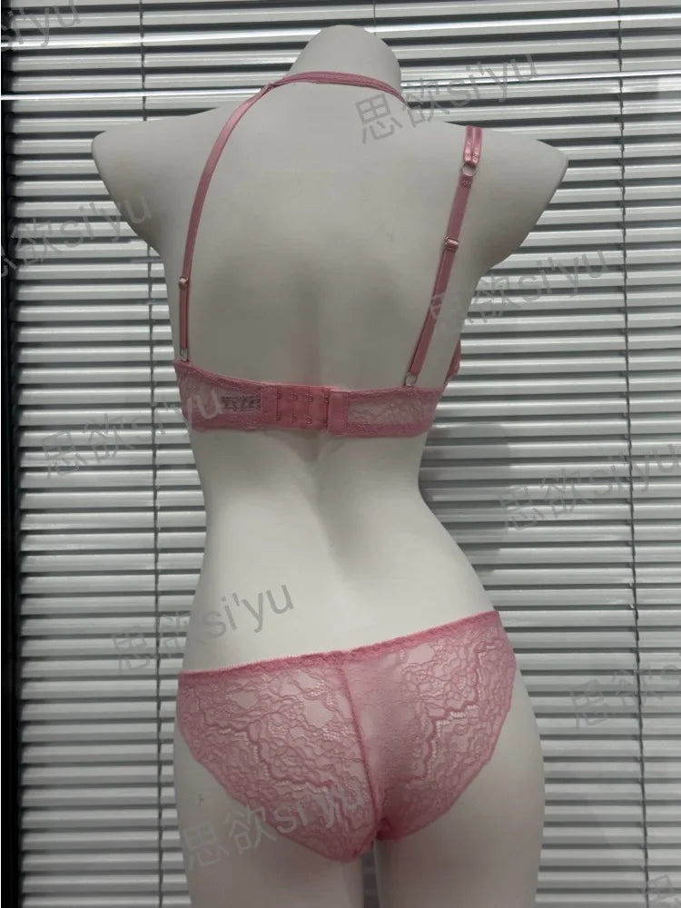 French Style Pure Desire Lingerie Set 3cm Thick Padded Cup Pink Diagonal Strap Nightclub Wear Sexy Bra Panty Set 32-38AB Canada