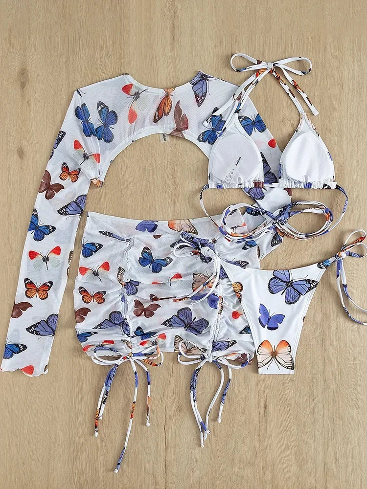Long Sleeve Printed Halter Bikini Female Swimsuit Women Swimwear Four-pieces Bikini Set with Mesh Skirt Bathing Suit Beach Wear