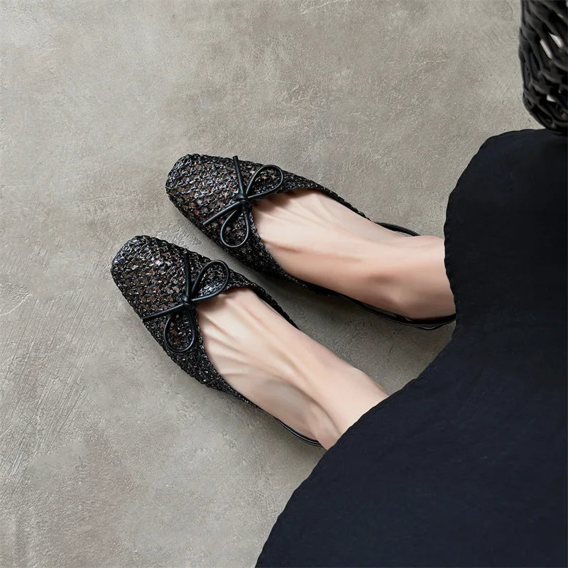 Woven Bow Back Strap Design Sandals Women's Summer New Square Head Shallow Mouth Single Shoe Comfortable Elegant Cool Pumps