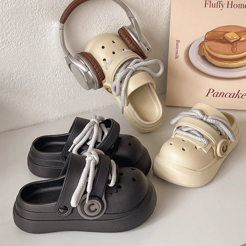 Women Summer Sandals Lace-up Style 2 Way to Wear Couples Fashion Platform Clogs Soft EVA Thick Sole Men Beach Street Slippers