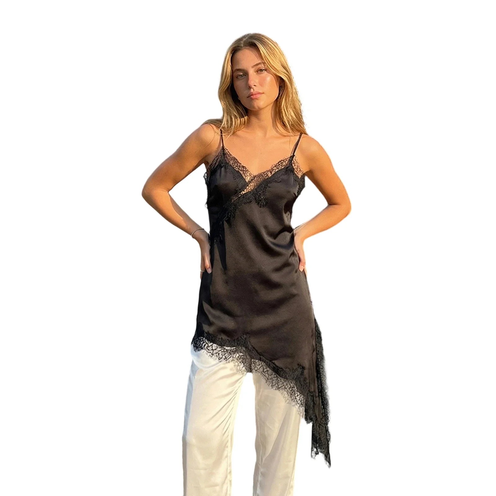 Women's Summer Solid Color Long Camisoles Tops Spaghetti Strap Stylish Lace Trim Casual Tank Tops for Indoor Outdoor Wear