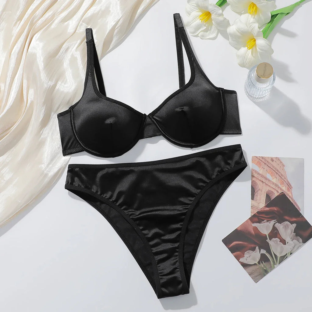 2pcs Luxury Satin Lingerie Set for Women 3/4 Cup High Gloss Silk-like Bra Panty Set Sexy Black Brassiere Underwear MR2938