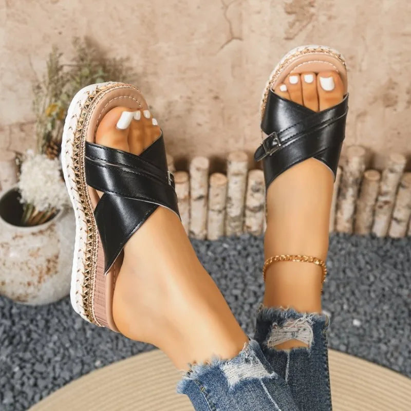 Women Slippers Summer New Open-Toe Sandals Buckle Thick-Soled Shoes Lightweight Platform Slippers