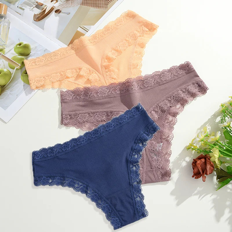 3Pcs Women Cotton Lingerie Sexy Thong Soft Fashion Panties Femme Design Underwear Pantys Underpant Lingerie Lace Intimates S-XL