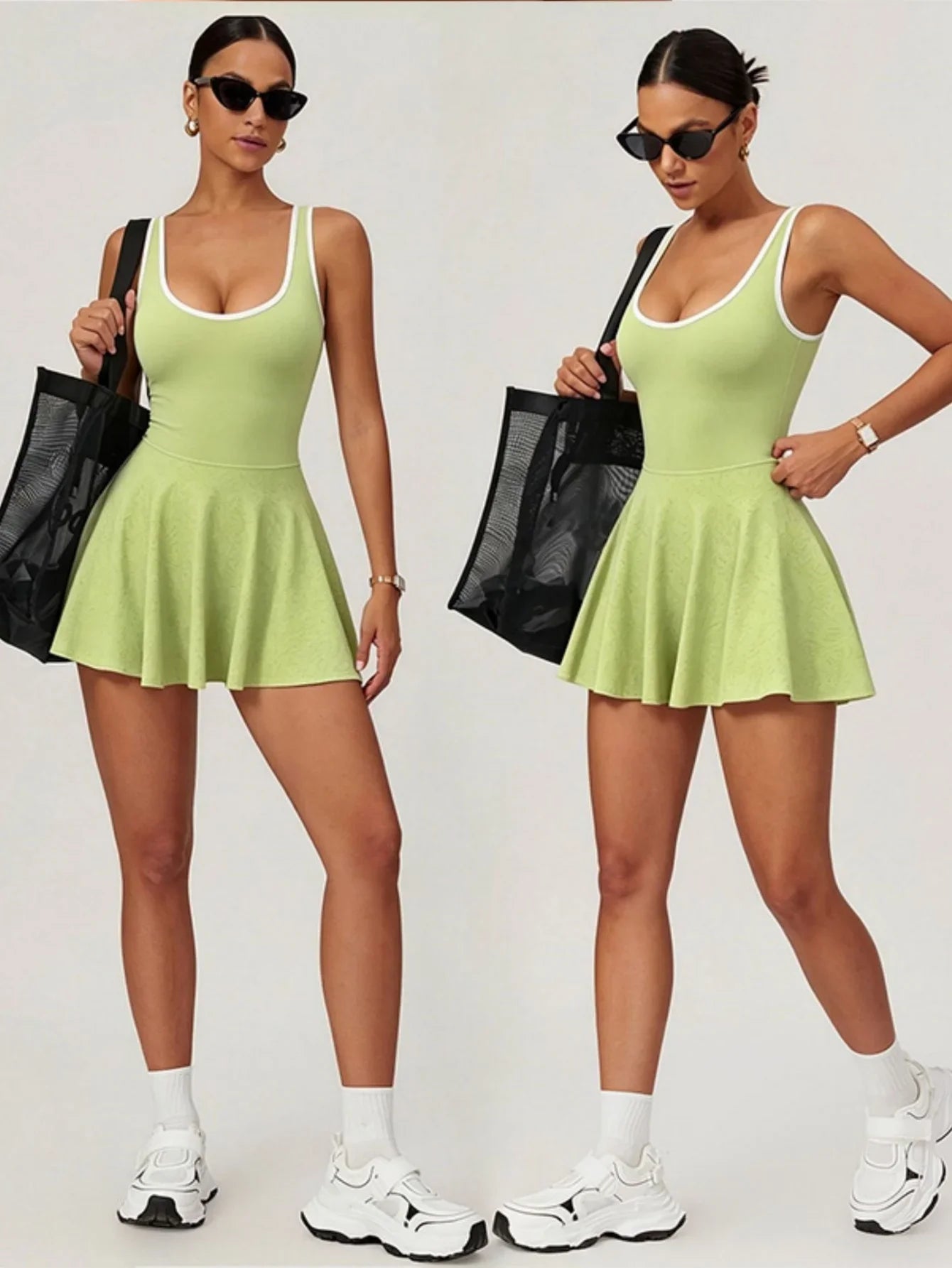 Naked Breathable Tennis Dresses with Built-in Pocket Shorts Women Color Contrast Hollow Out Backless Sports Golf Pleate Dress