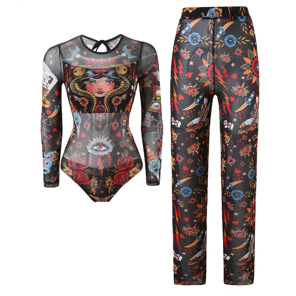 S - XXL New Printed Long Sleeve With Pants Women Swimwear One Piece Swimsuit Female Floral Padded Bather Bathing Suit Swim V7176