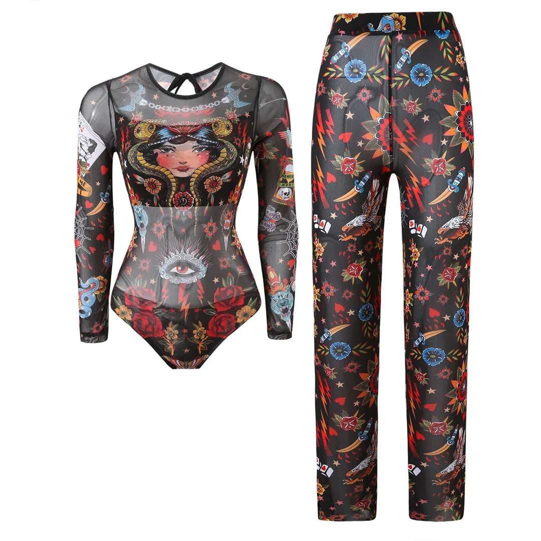 S - XXL New Printed Long Sleeve With Pants Women Swimwear One Piece Swimsuit Female Floral Padded Bather Bathing Suit Swim V7176