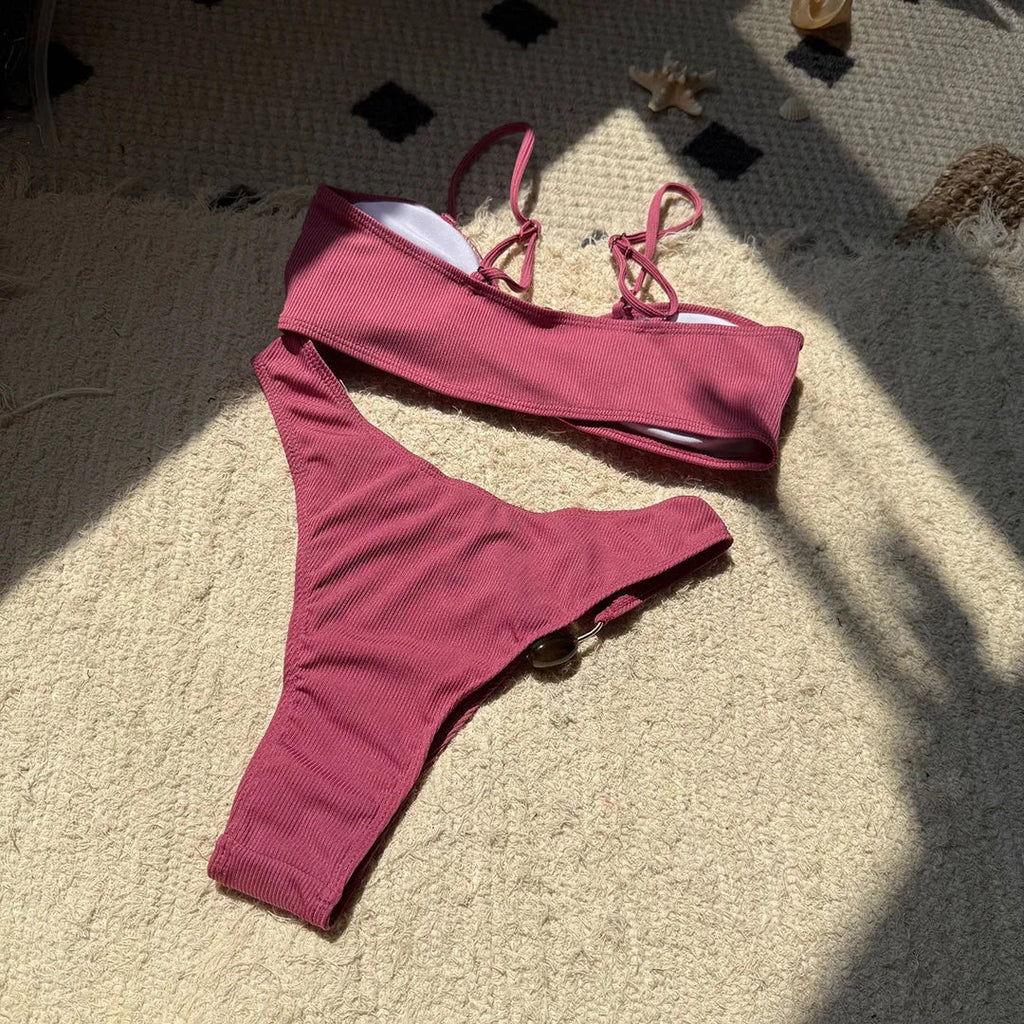 New Sexy Ribbed Brazilian Bikini Padded Bathing Suit Bather Swim Female Swimsuit Two-Pieces Bikini Set Women Swimwear V6343R
