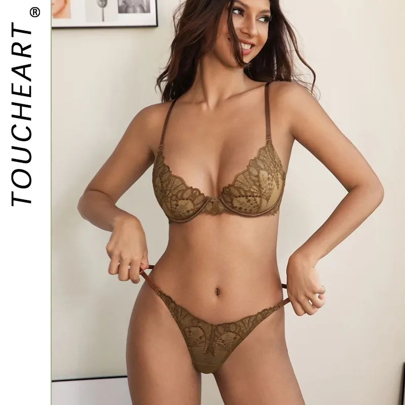 Toucheart Erotic Lingerie Panty 2PCS Thin Model See-through Lace Big Breasts Appear Smaller and Prevent Sagging Delicate Bra Set