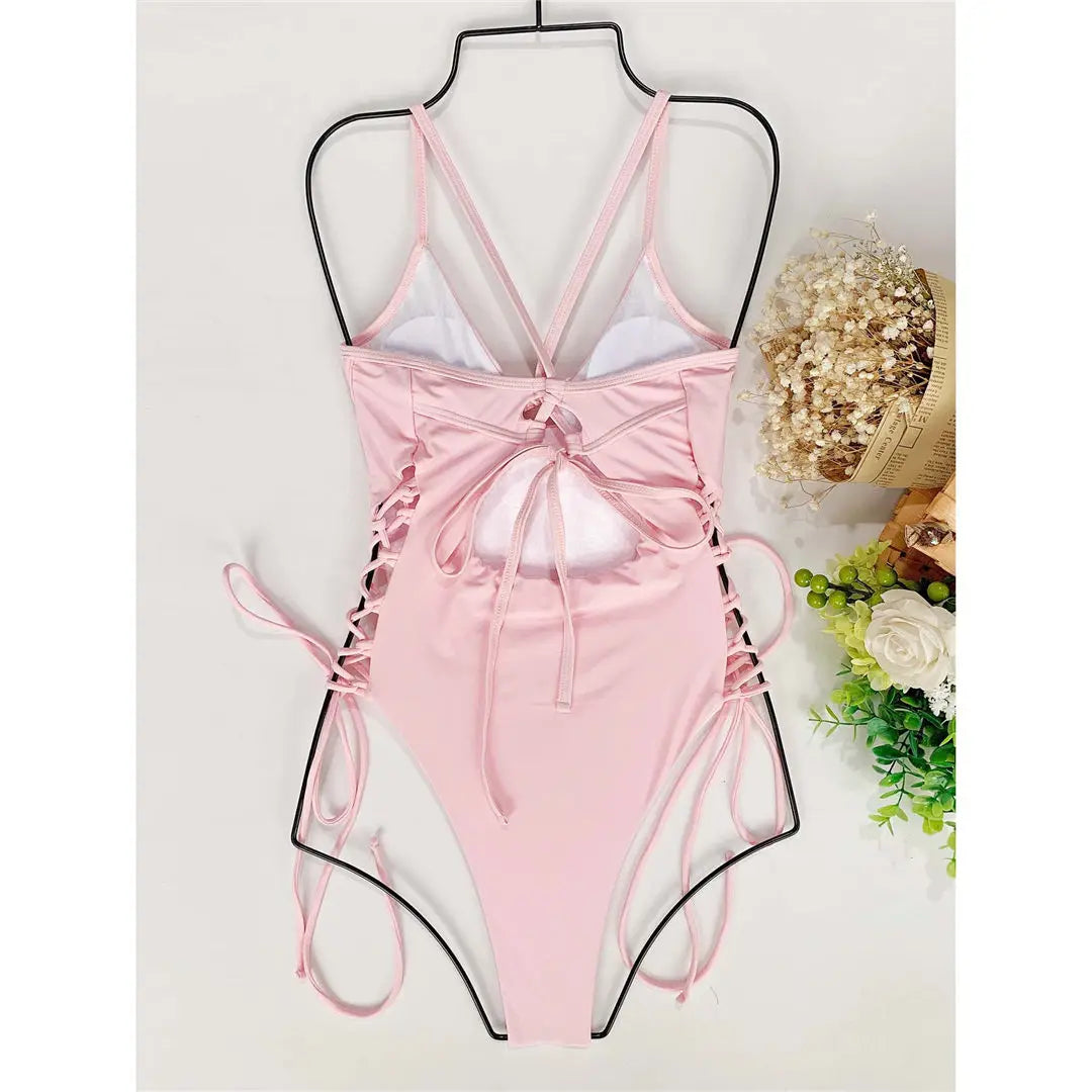 S - XL Sexy Lace Up Underwired One Piece Swimsuit Women Swimwear Female Backless Monokini Bather Bathing Suit Swim Lady V2906C