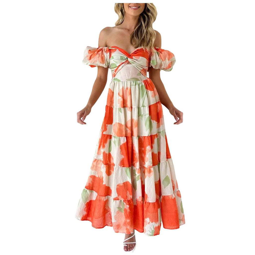 Sexy Dresses For Women Summer Trendy Boho Floral Printed Short Sleeve Vestido Seductive Off Shoulder Knee Length Dress For Woman