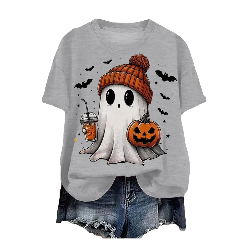 Cute Printed Halloween Shirt For Women Funny Crew Neck Short Sleeve Clothes Top Tee Shirts Halloween Cosplay Tops Humor T-Shirt