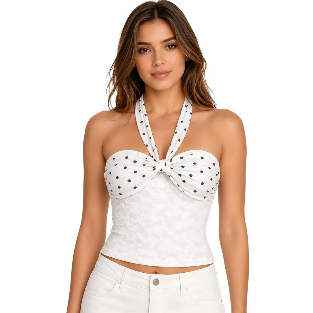 Women Lace Halter Neck Crop Tops Slim Fit Dot Print Sleeveless Open Back Vest Stylish Summer Streetwear