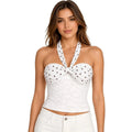 Women Lace Halter Neck Crop Tops Slim Fit Dot Print Sleeveless Open Back Vest Stylish Summer Streetwear