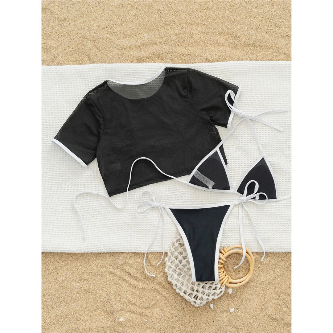 Sexy With Short Sleeve Cover Halter Bikini Female Swimsuit Women Swimwear Three-pieces Bikini set Bather Bathing Suit Swim K7371